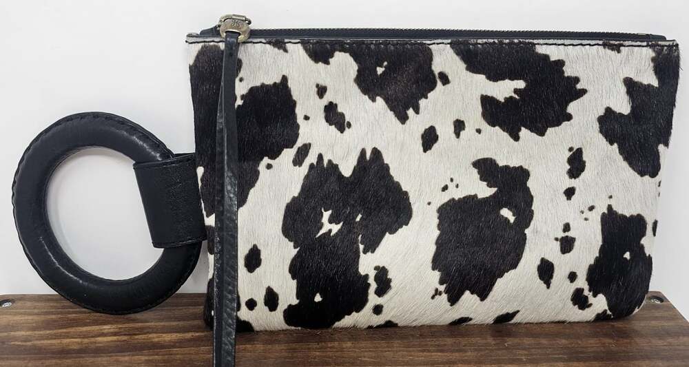 Hobo Storm Cow Print Black & White Leather Clutch Wristlet Calf Hair